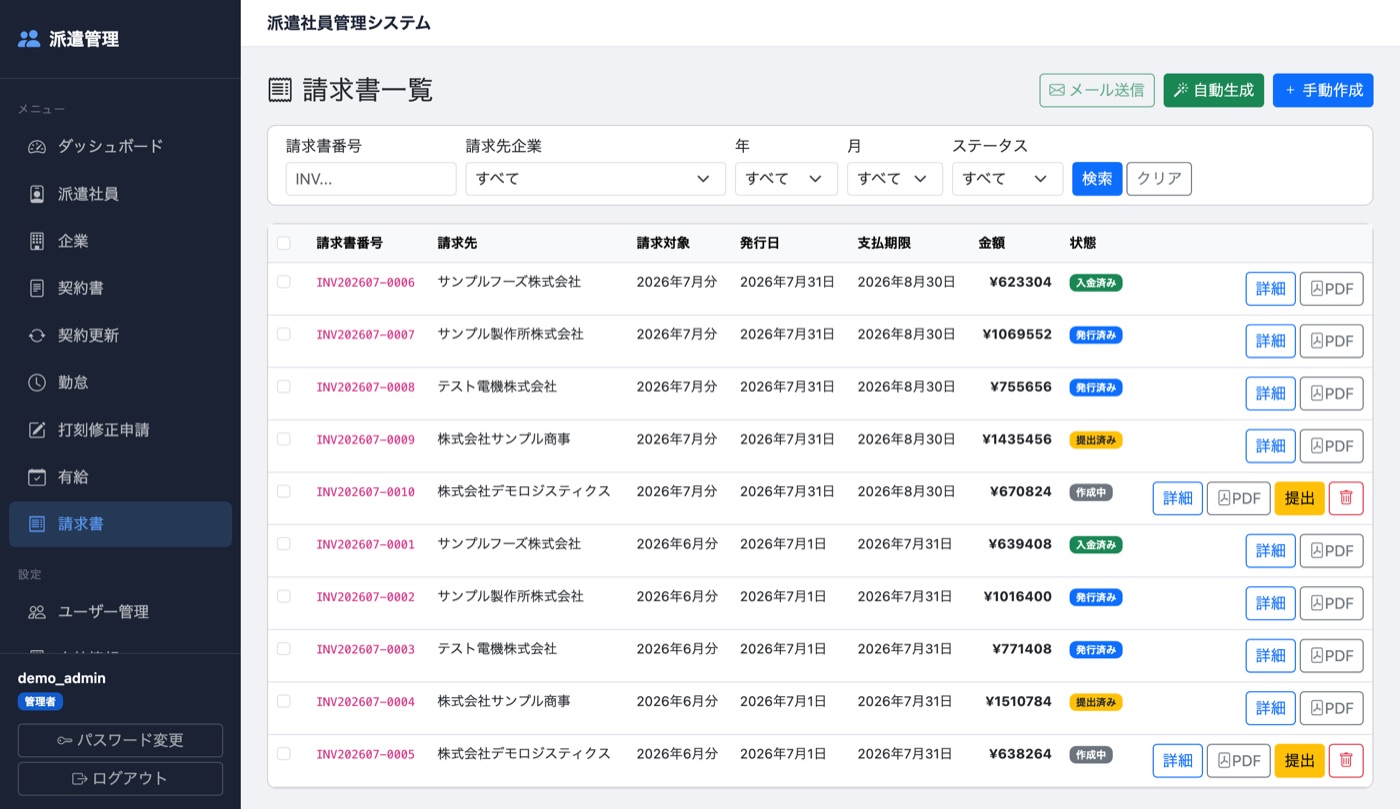 派遣管理システムの請求書一覧画面。請求書番号・請求先・請求対象月・金額・入金済みなどのステータスが並んでいる